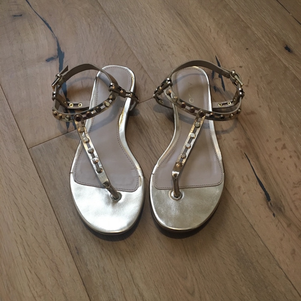 Gold ALDO T-Strap Sandals with Studded Detail
